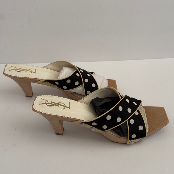 YSL Black & Ivory Lolita Dot Heeled Slides - Picture 7 of 12